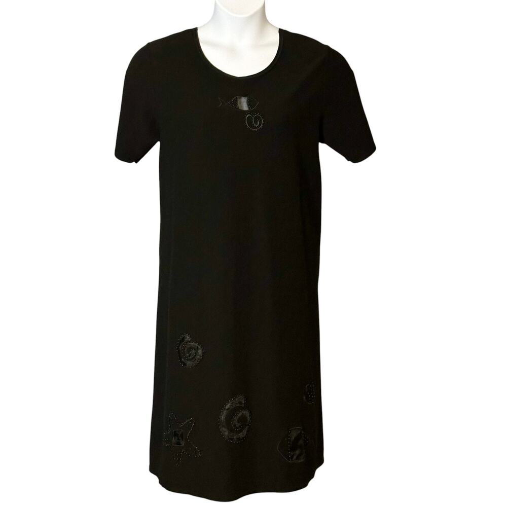 Vintage Richard Black Midi T-Shirt Dress XL Boho Casual Cotton Fish Mesh Cutouts